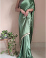 Imbrication 1-Minute Ready To Wear Moss Green Satin Silk Saree