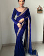 Blooming Royal Blue 1 Minute Ready To Wear Velvet Saree With Blouse Piece