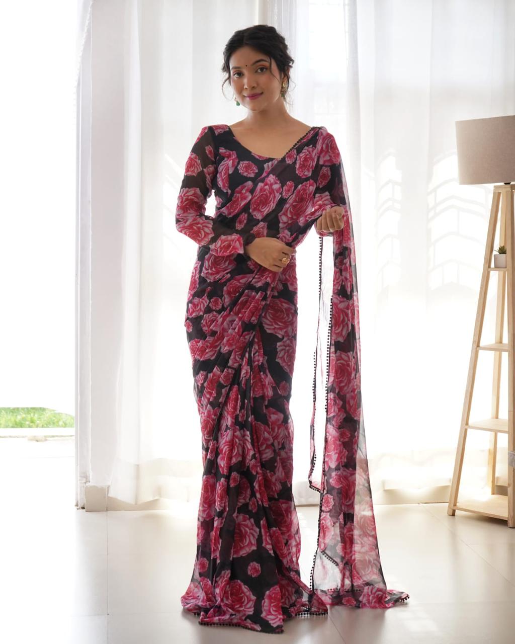 Majestic 1-Minute Ready To Wear Black Georgette Saree
