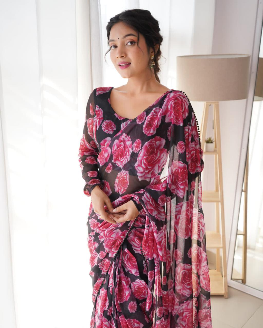 Majestic 1-Minute Ready To Wear Black Georgette Saree