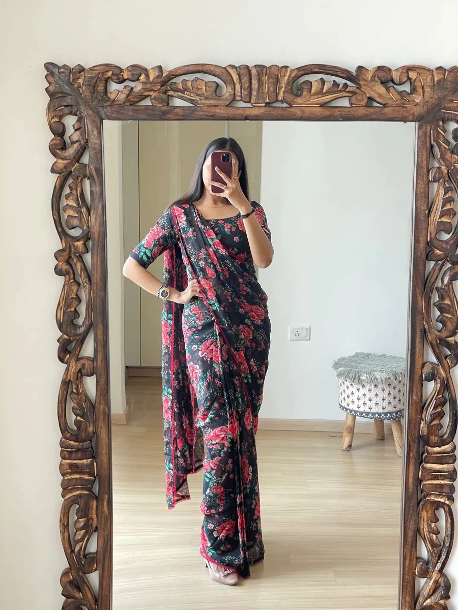 Exquisite 1-Minute Ready To Wear Black Georgette Saree