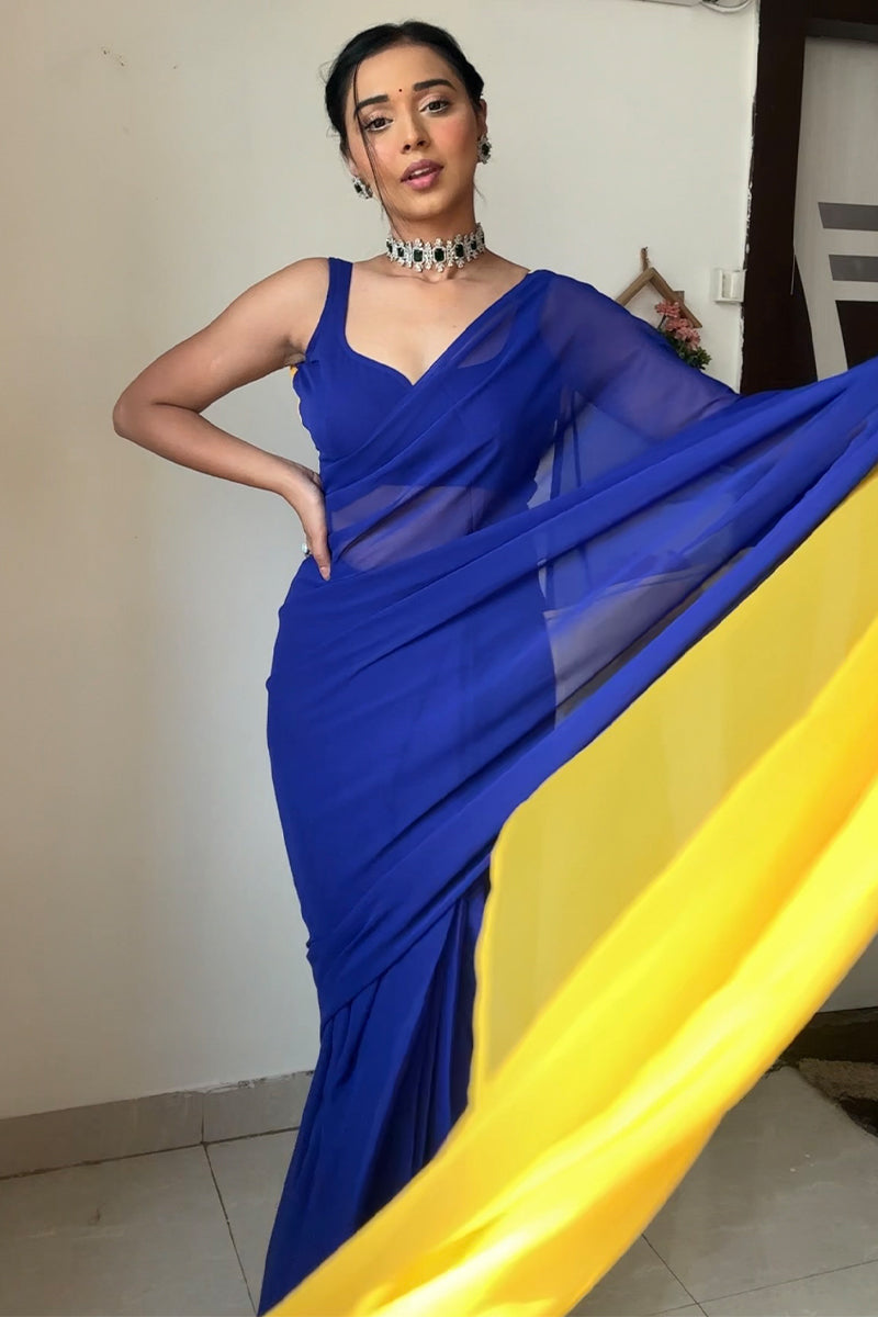 Elaborate 1-Minute Ready To Wear Blue And Yellow Georgette Saree
