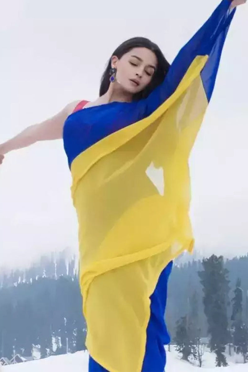 Elaborate 1-Minute Ready To Wear Blue And Yellow Georgette Saree