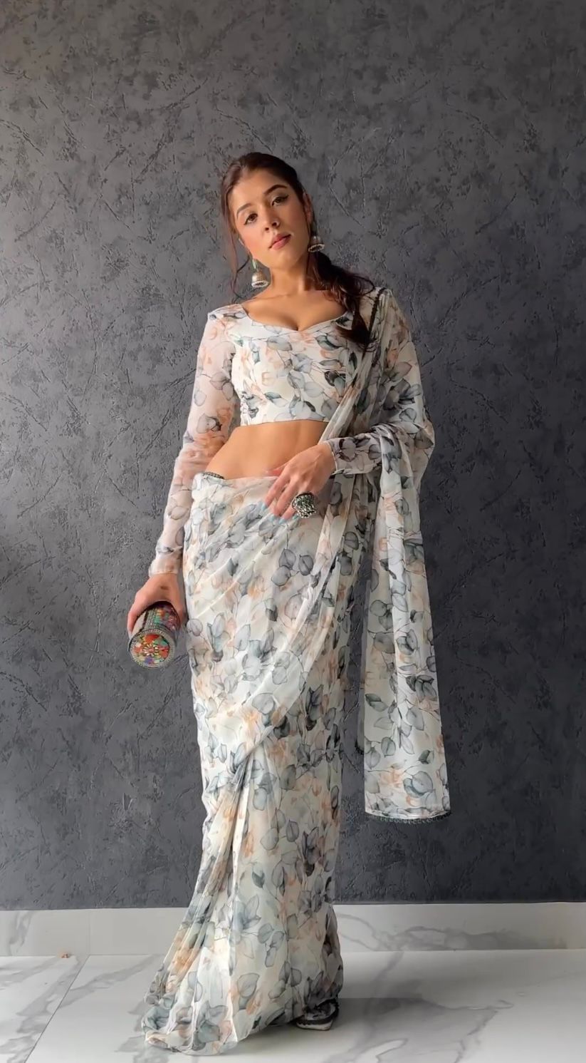 Incomparable 1-Minute Ready To Wear White Georgette Saree