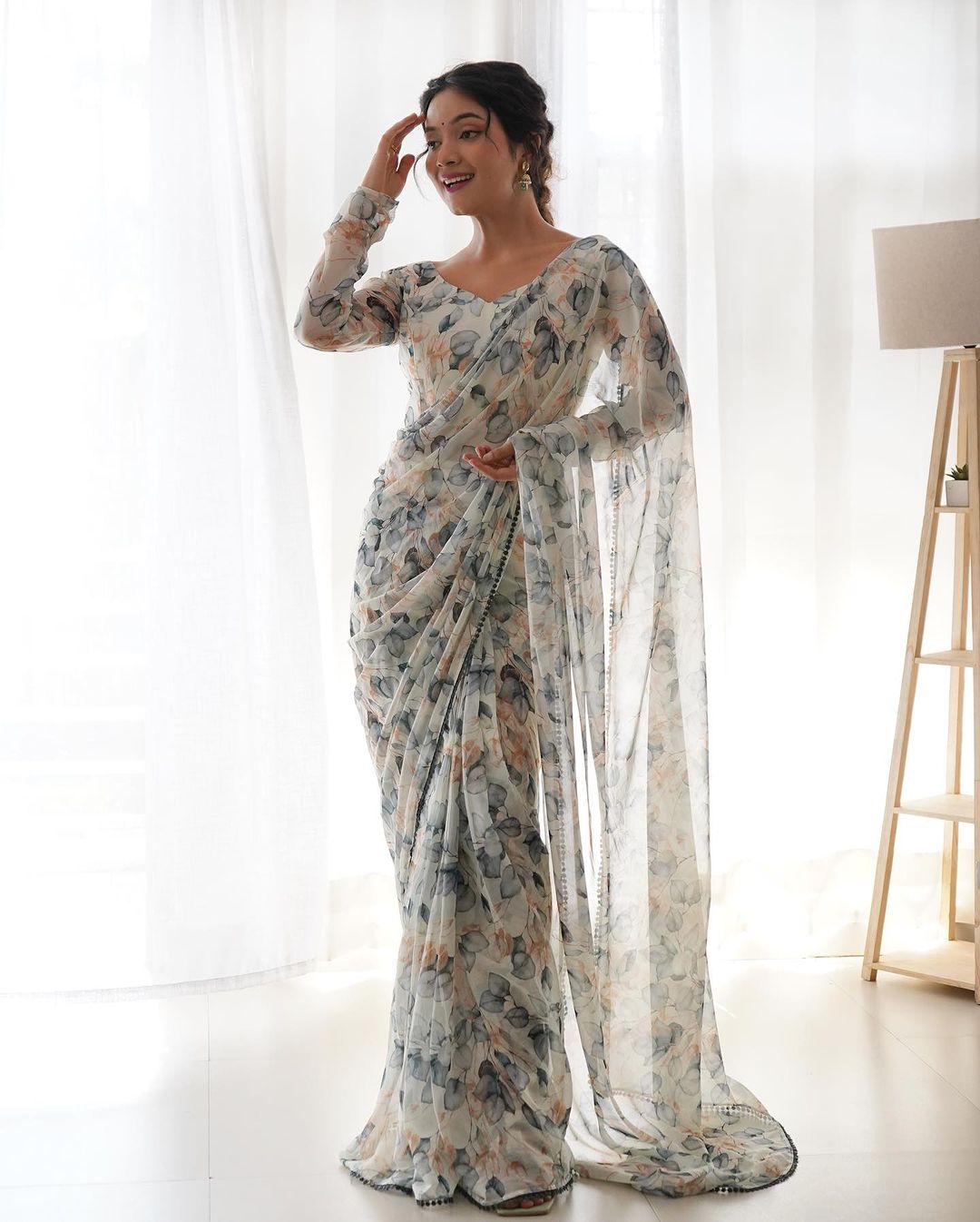 Supernal 1-Minute Ready To Wear White Georgette Saree