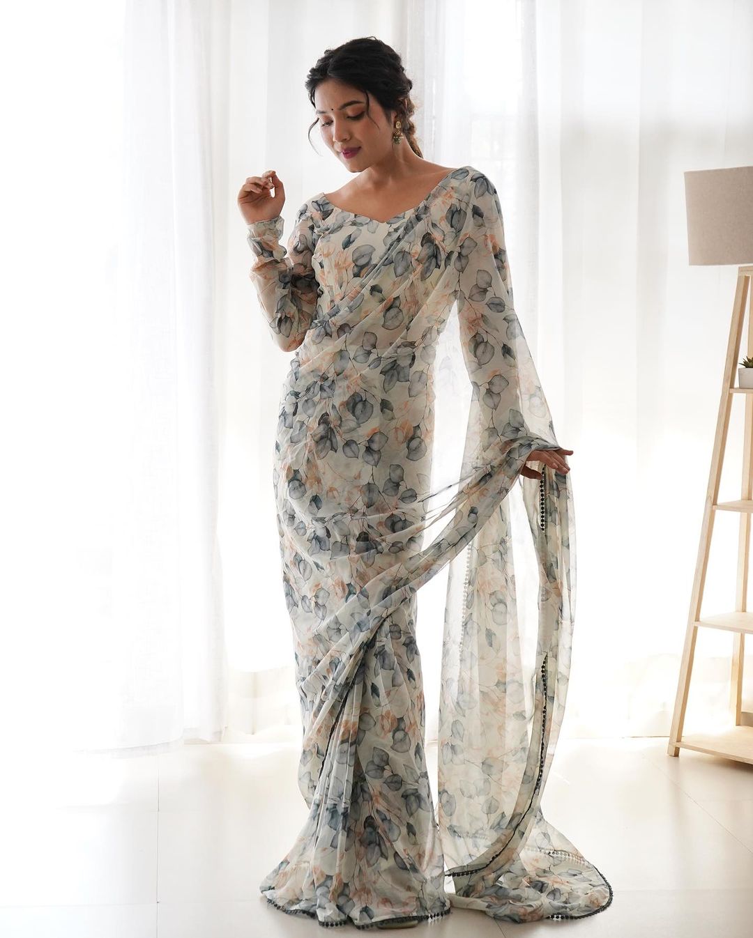 Supernal 1-Minute Ready To Wear White Georgette Saree