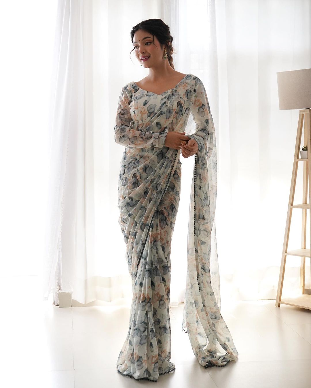 Supernal 1-Minute Ready To Wear White Georgette Saree
