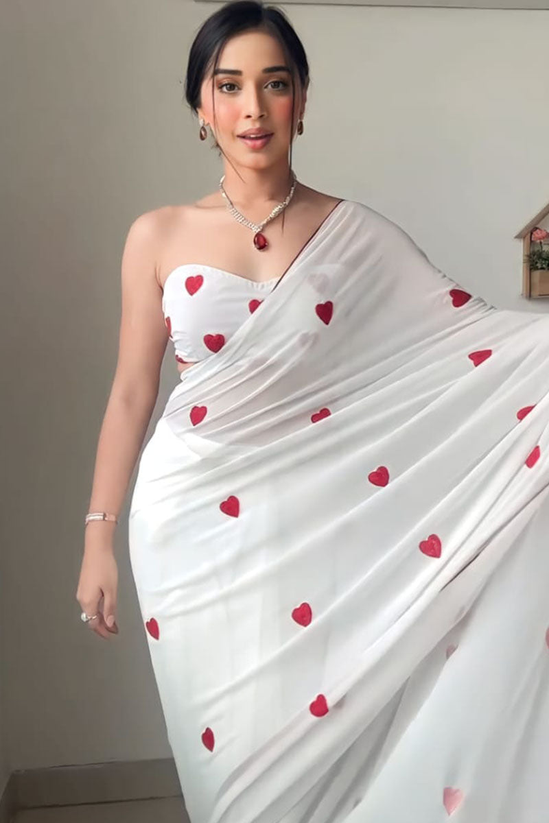 Enchanting 1-Minute Ready To Wear White Georgette Saree