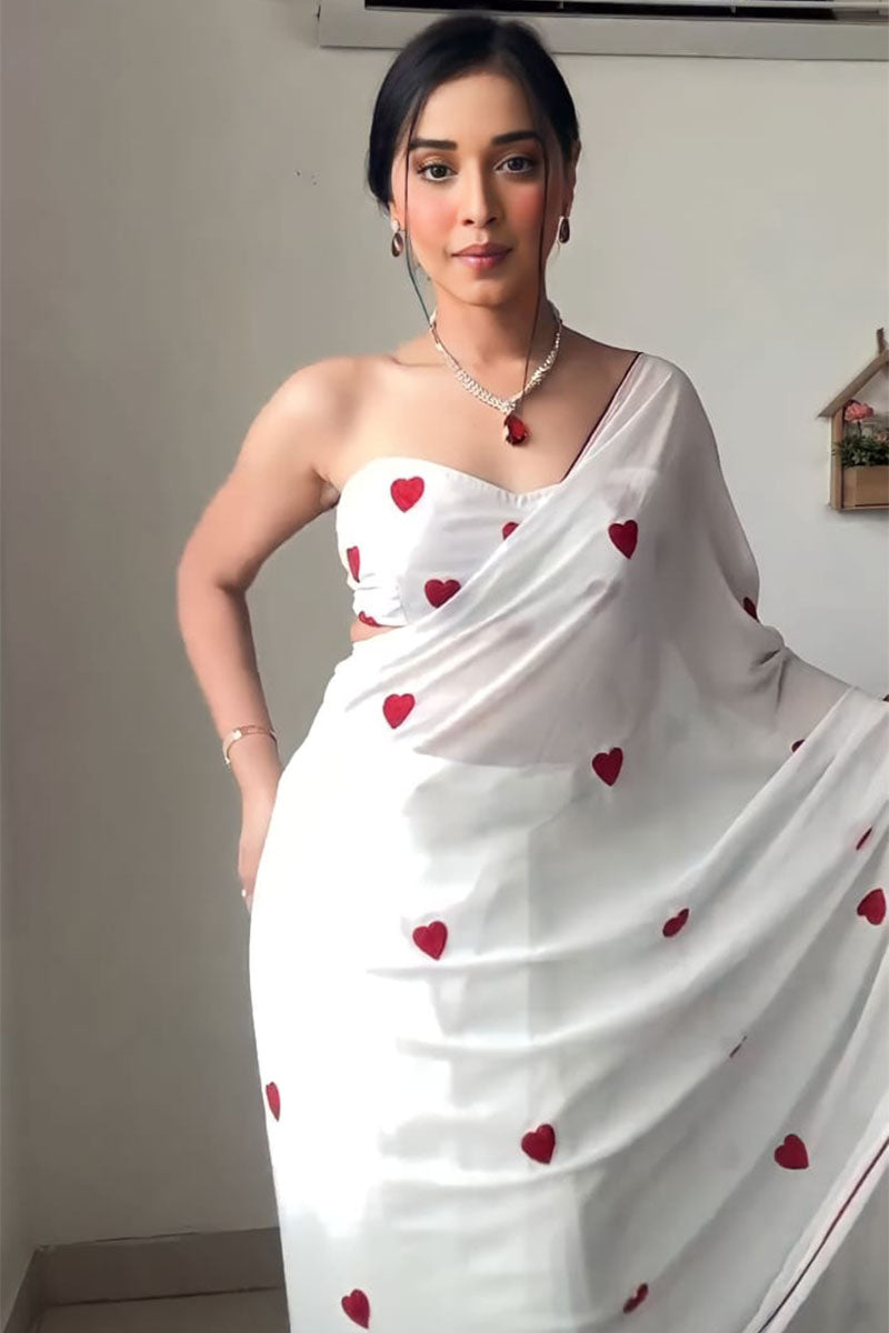Enchanting 1-Minute Ready To Wear White Georgette Saree