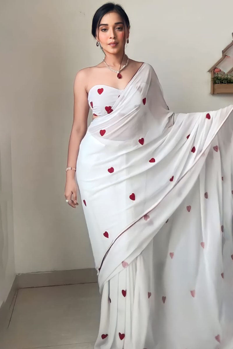 Enchanting 1-Minute Ready To Wear White Georgette Saree