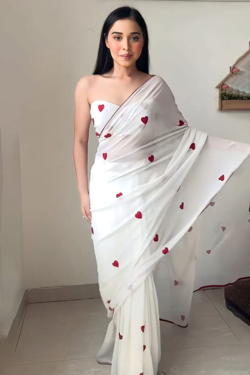 Enchanting 1-Minute Ready To Wear White Georgette Saree