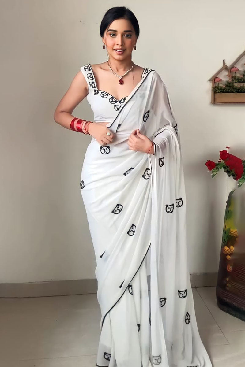 Fragrant 1-Minute Ready To Wear White Printed Georgette Saree