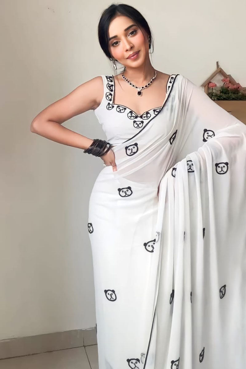Fragrant 1-Minute Ready To Wear White Printed Georgette Saree