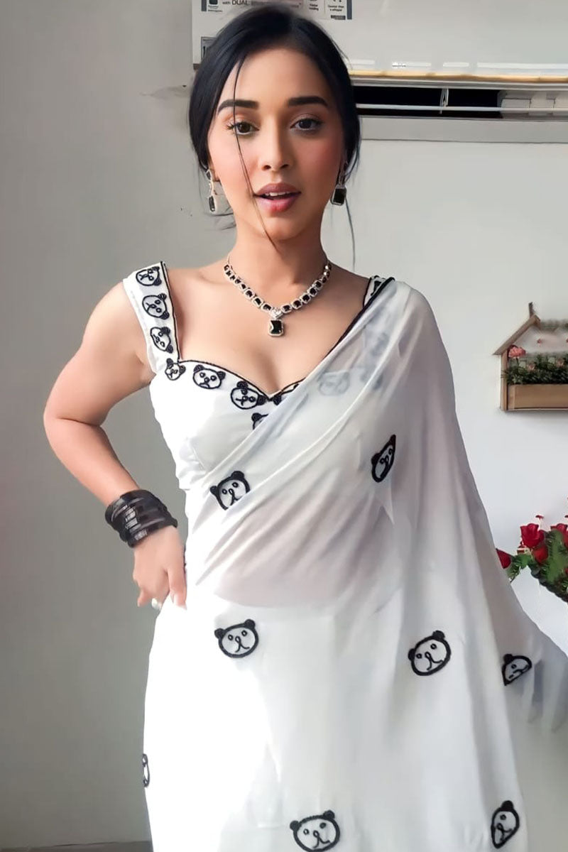 Fragrant 1-Minute Ready To Wear White Printed Georgette Saree