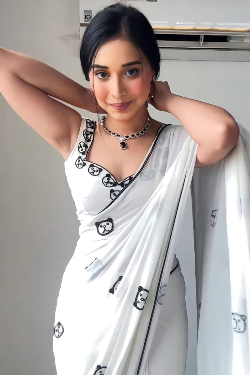 Fragrant 1-Minute Ready To Wear White Printed Georgette Saree