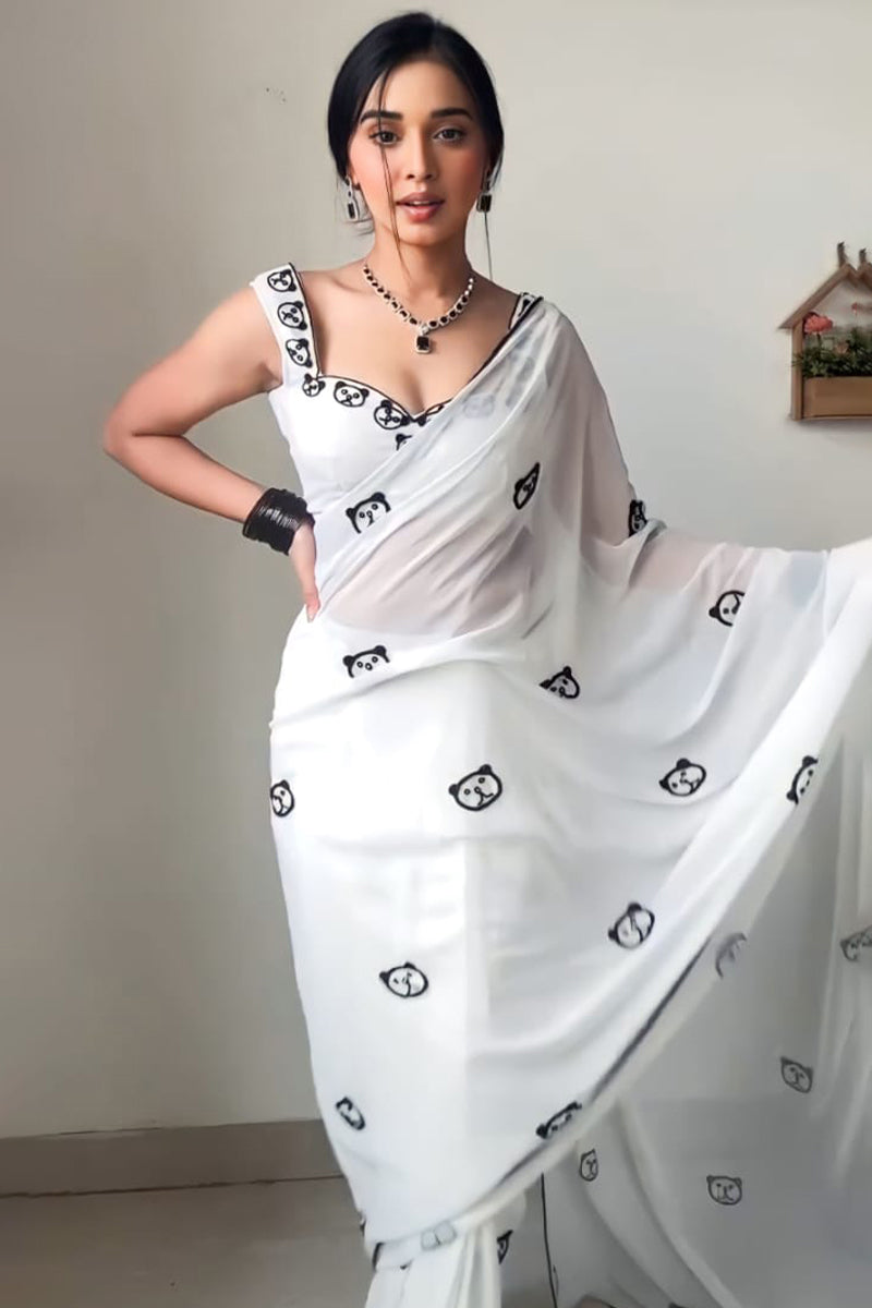 Fragrant 1-Minute Ready To Wear White Printed Georgette Saree