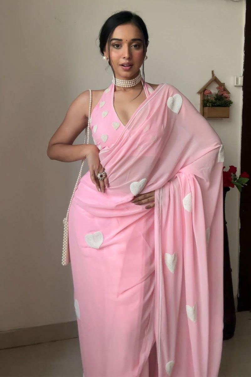 Symmetrical 1-Minute Ready To Wear Pink Georgette Saree