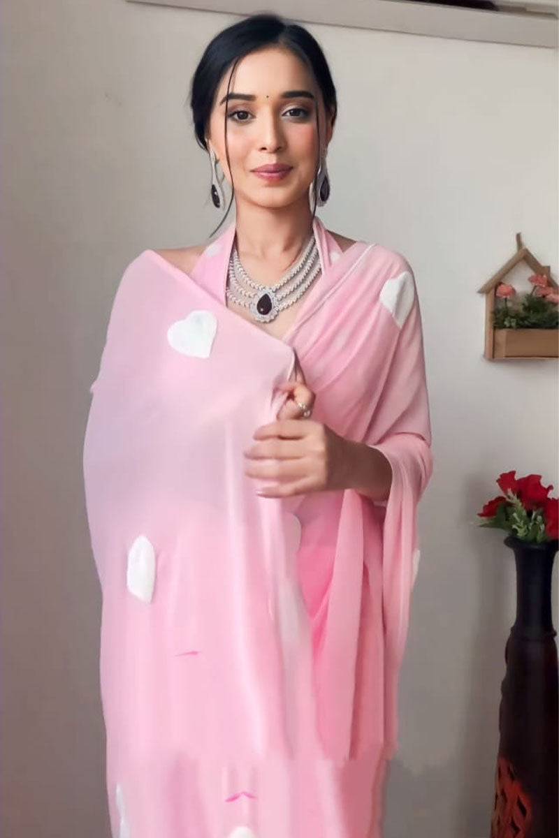 Symmetrical 1-Minute Ready To Wear Pink Georgette Saree