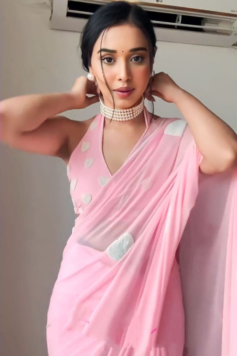 Symmetrical 1-Minute Ready To Wear Pink Georgette Saree