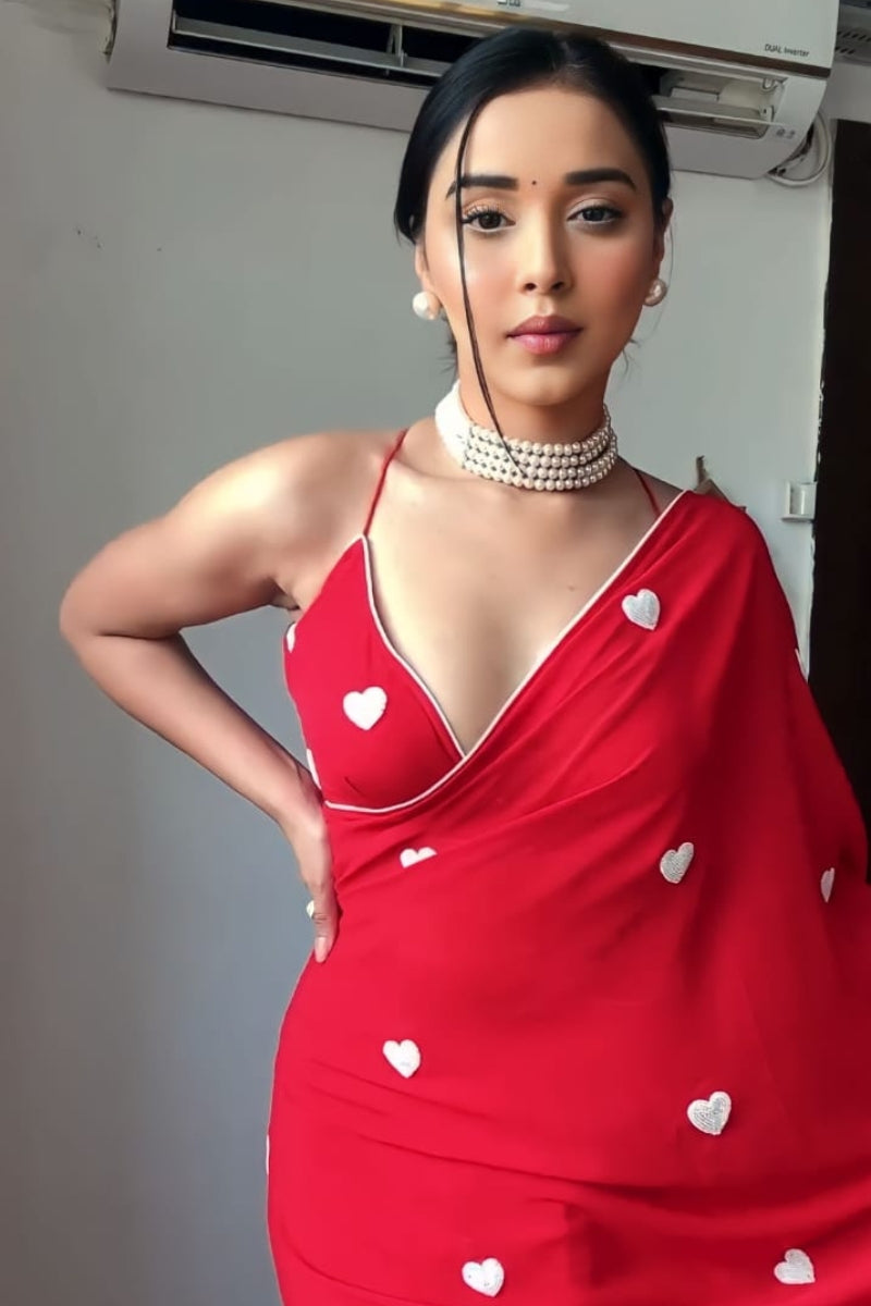 Felicitous 1-Minute Ready To Wear Red Georgette Saree