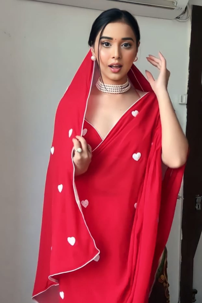 Felicitous 1-Minute Ready To Wear Red Georgette Saree