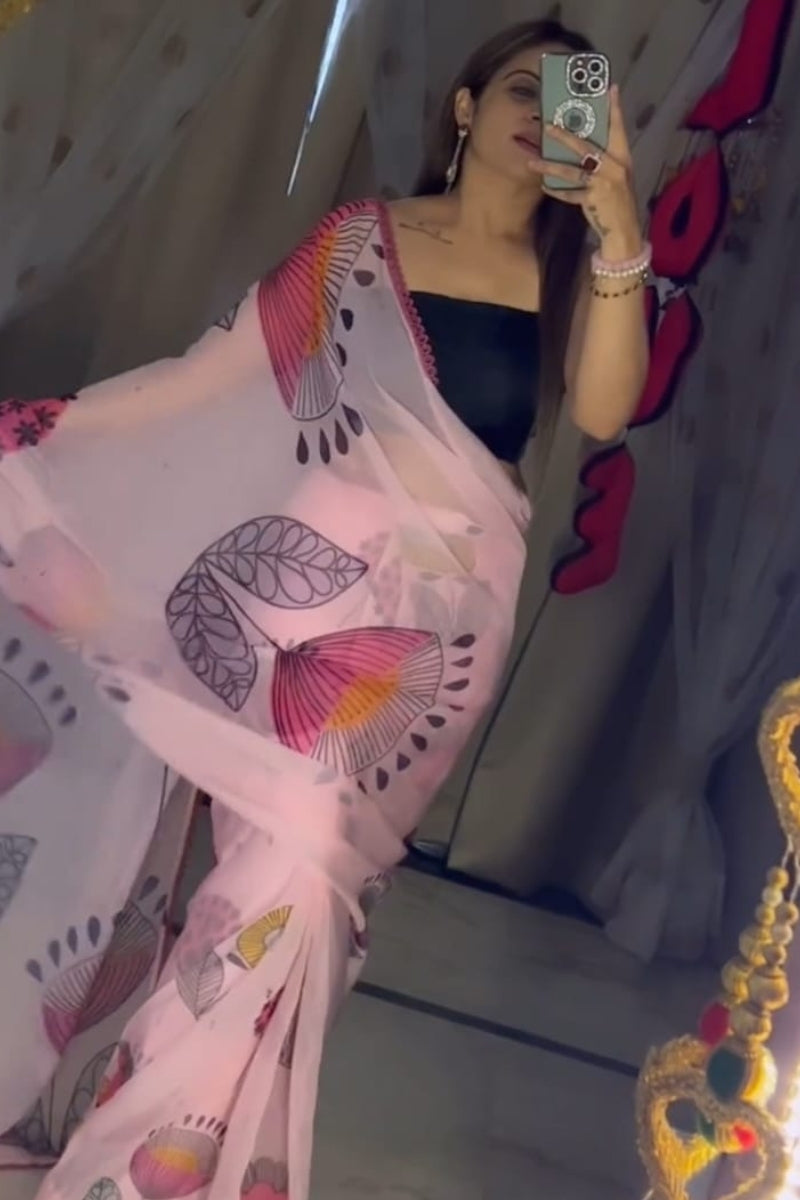 Mellifluous 1-Minute Ready To Wear Pink Printed Georgette Saree