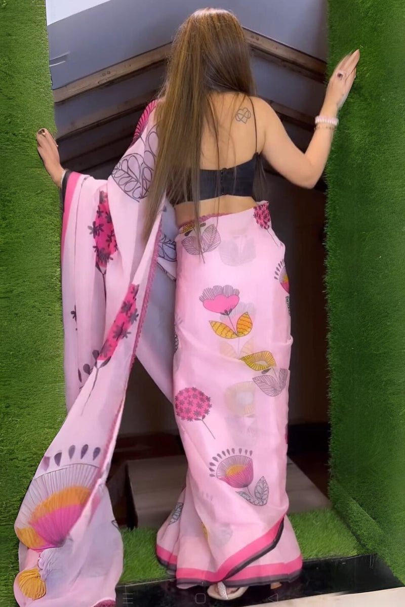 Mellifluous 1-Minute Ready To Wear Pink Printed Georgette Saree