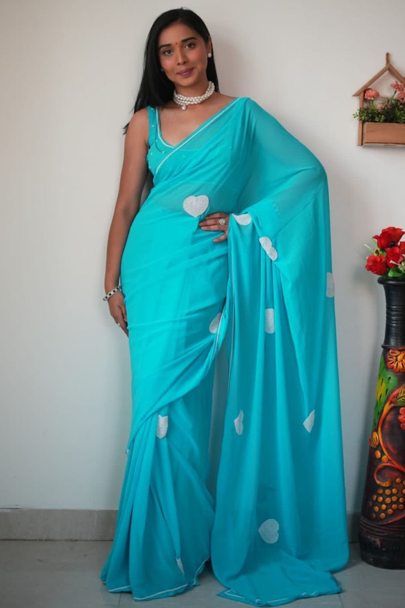 Lissome 1-Minute Ready To Wear Sky Georgette Saree