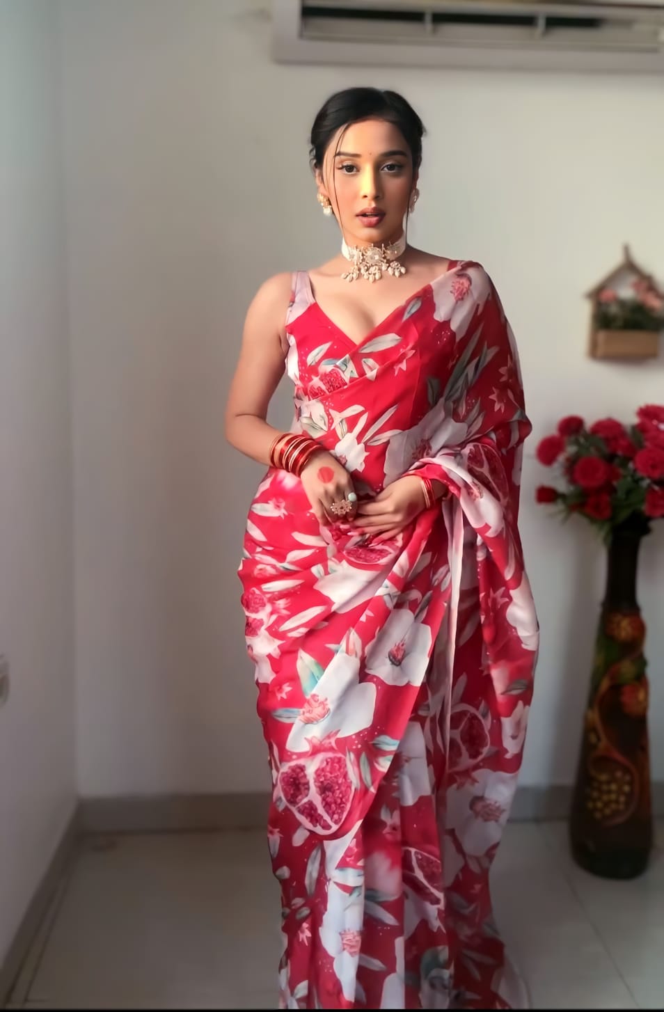 Desuetude 1-Minute Ready To Wear Red Georgette Saree