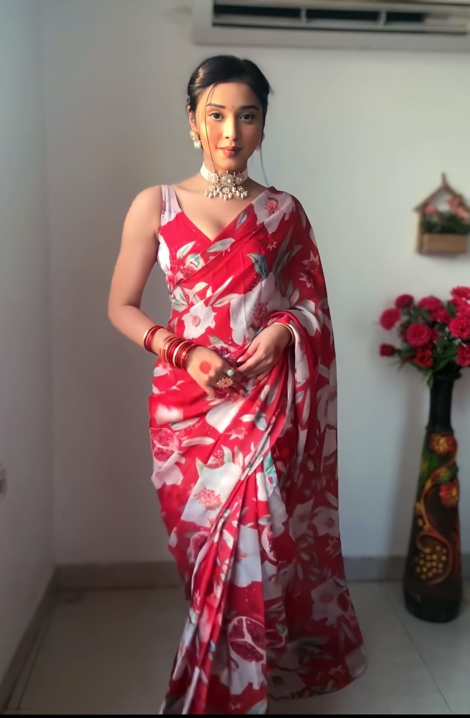 Desuetude 1-Minute Ready To Wear Red Georgette Saree