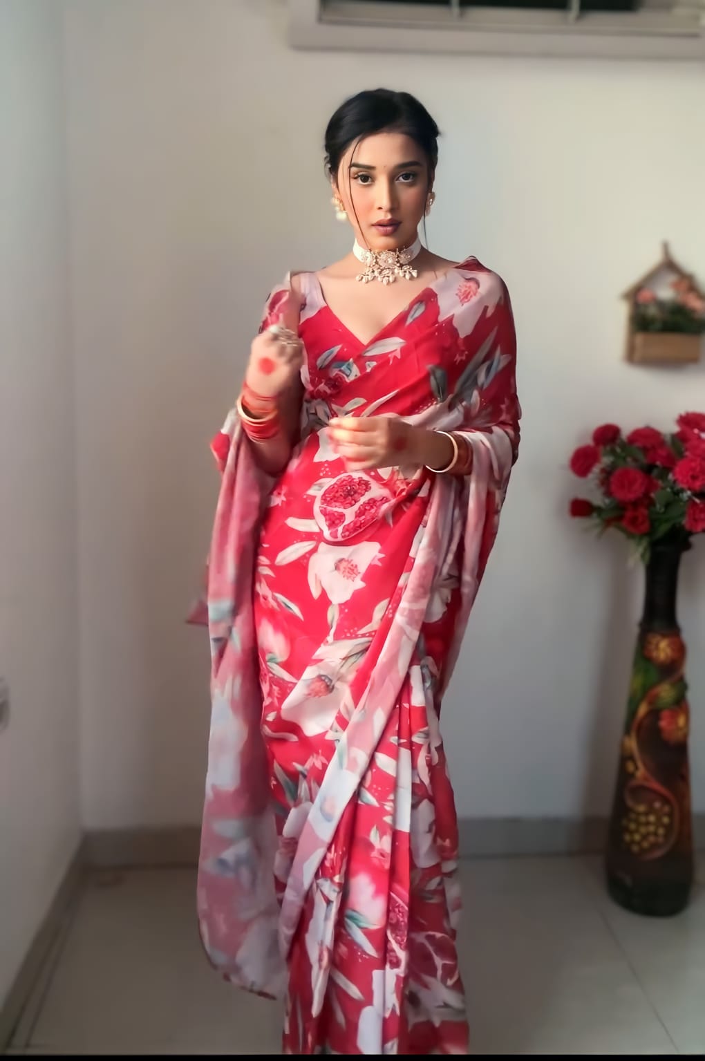 Desuetude 1-Minute Ready To Wear Red Georgette Saree