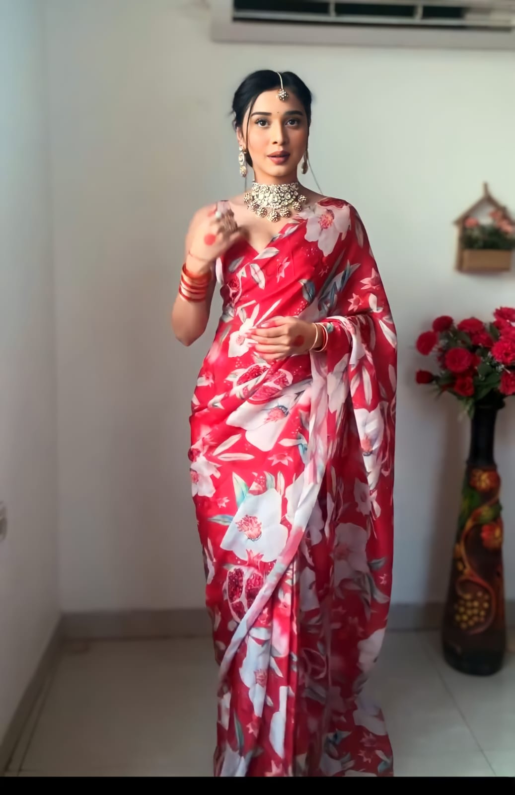 Desuetude 1-Minute Ready To Wear Red Georgette Saree