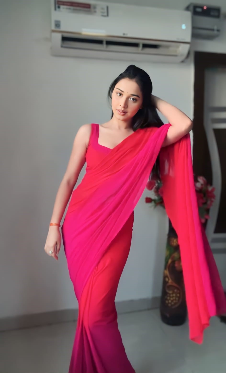 Mesmeric 1-Minute Ready To Wear Red and Pink Georgette Saree