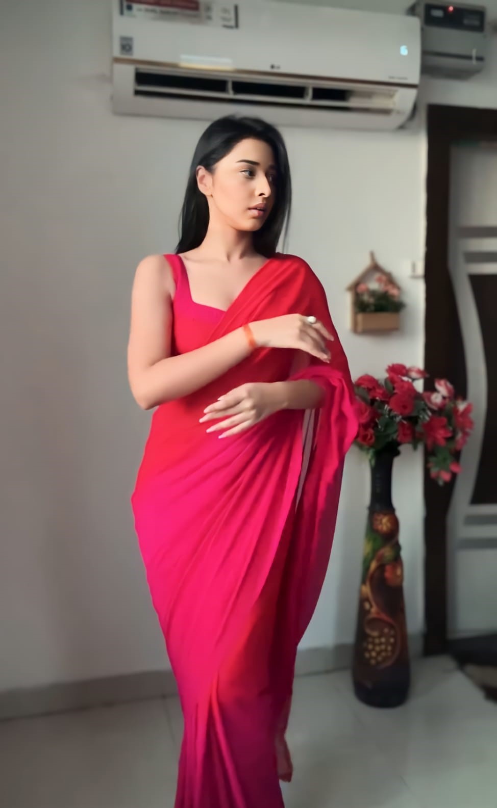 Mesmeric 1-Minute Ready To Wear Red and Pink Georgette Saree