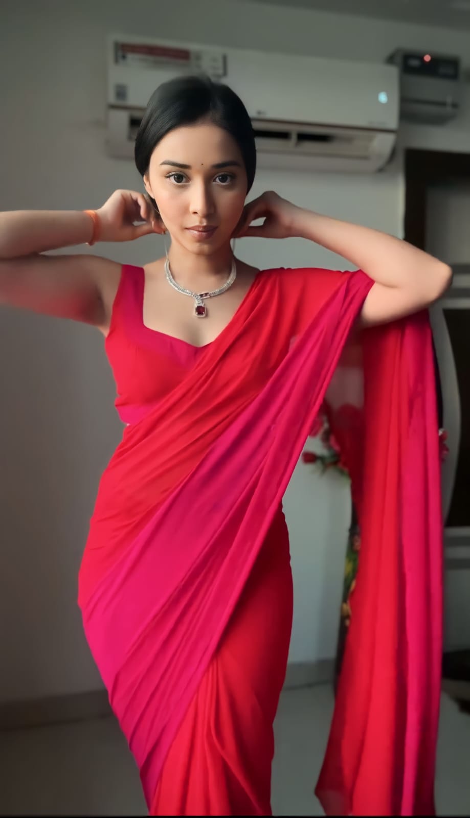 Mesmeric 1-Minute Ready To Wear Red and Pink Georgette Saree