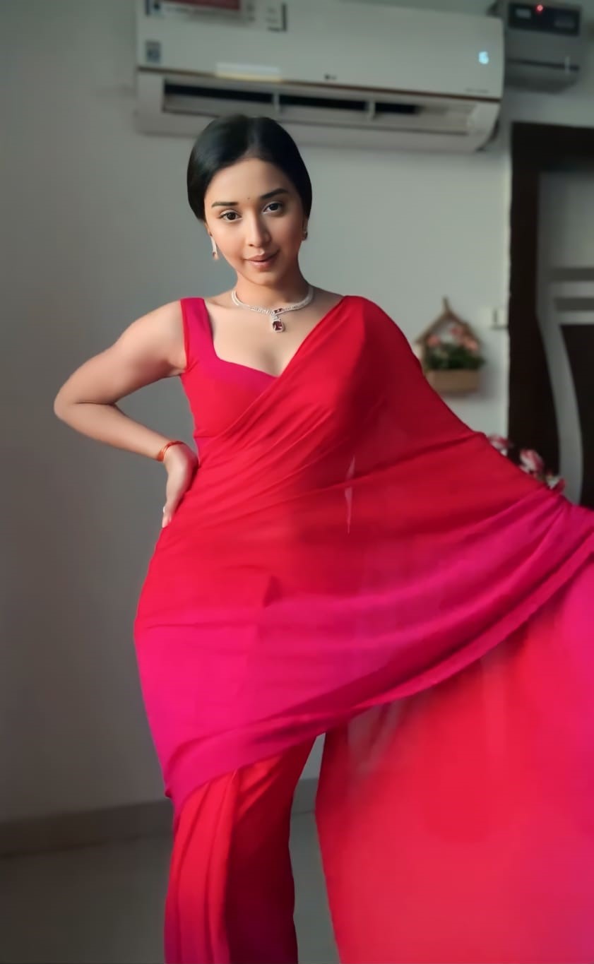 Mesmeric 1-Minute Ready To Wear Red and Pink Georgette Saree