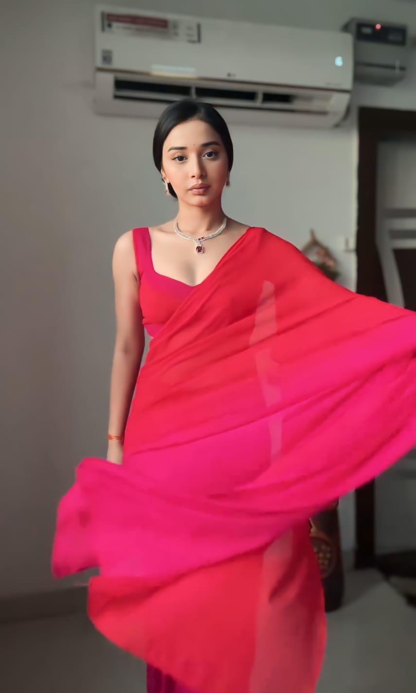 Mesmeric 1-Minute Ready To Wear Red and Pink Georgette Saree