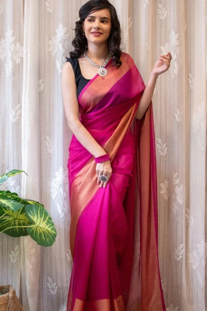 Majesty 1-Minute Ready To Wear Dark Pink Chiffon Silk Saree