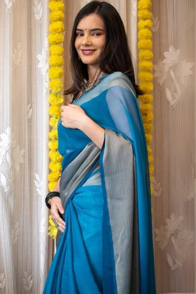 Exceptional 1-Minute Ready To Wear Firozi Chiffon Silk Saree