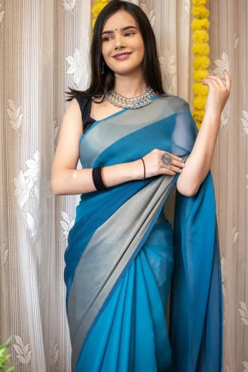 Exceptional 1-Minute Ready To Wear Firozi Chiffon Silk Saree