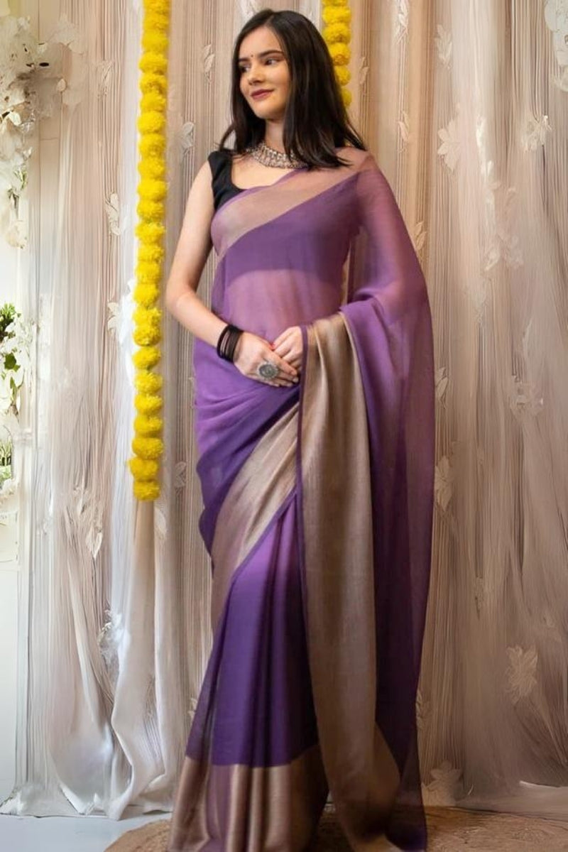 Attractive 1-Minute Ready To Wear Lavendor Chiffon Silk Saree