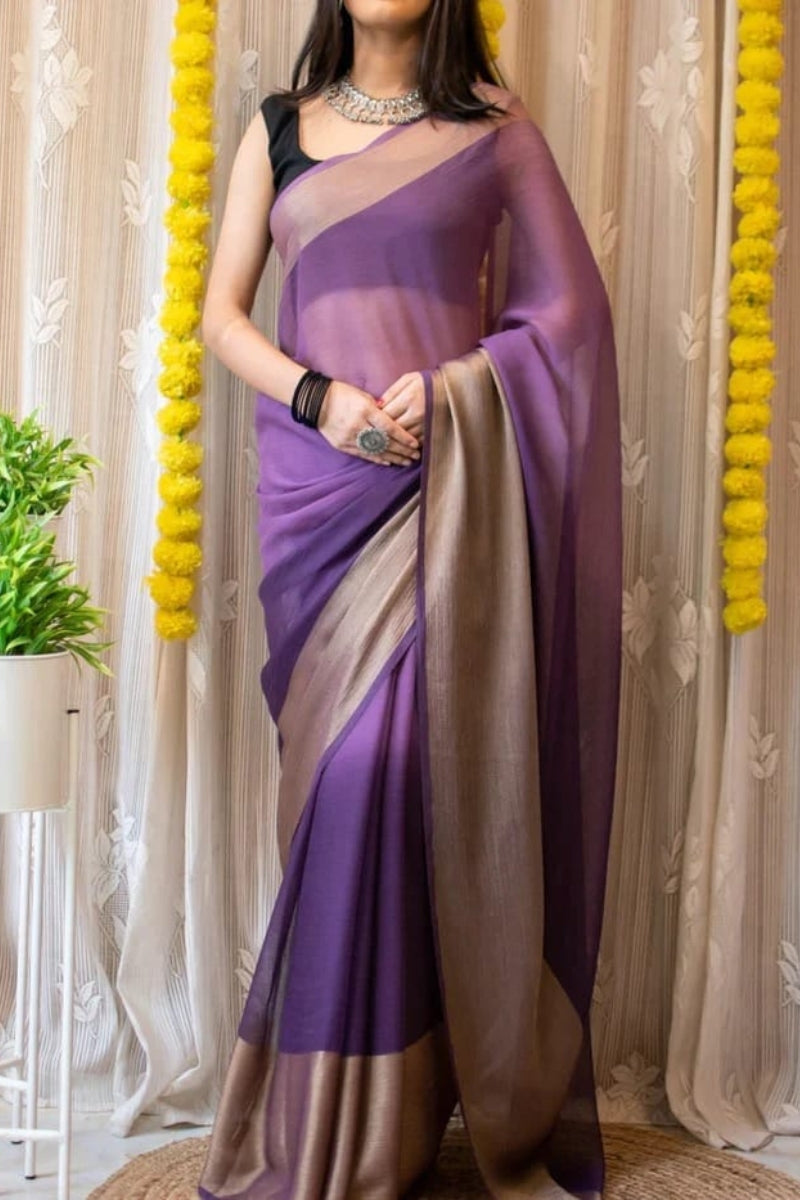 Attractive 1-Minute Ready To Wear Lavendor Chiffon Silk Saree