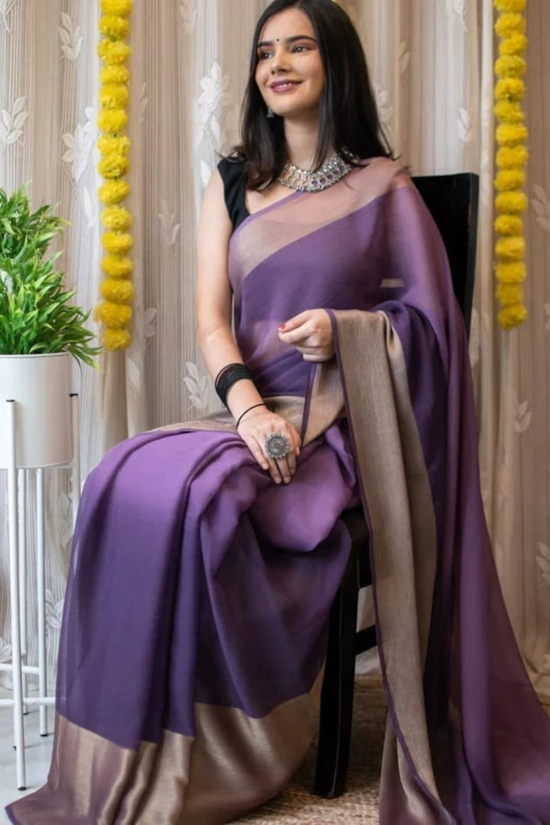 Attractive 1-Minute Ready To Wear Lavendor Chiffon Silk Saree