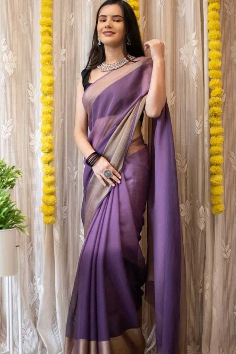 Attractive 1-Minute Ready To Wear Lavendor Chiffon Silk Saree