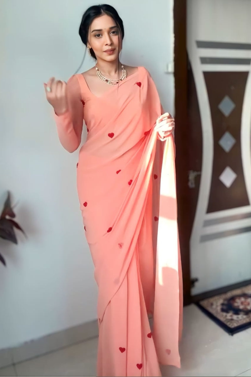 Prominent 1-Minute Ready To Wear Peach Georgette Saree