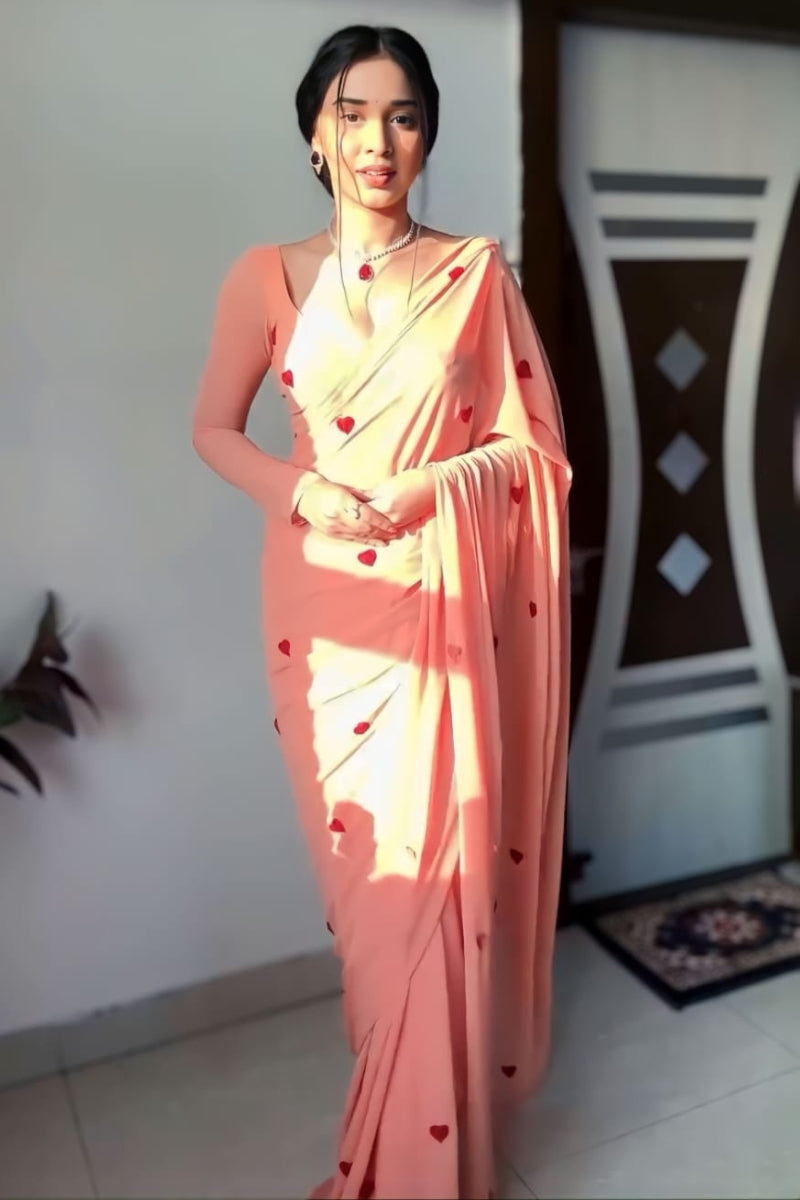 Prominent 1-Minute Ready To Wear Peach Georgette Saree