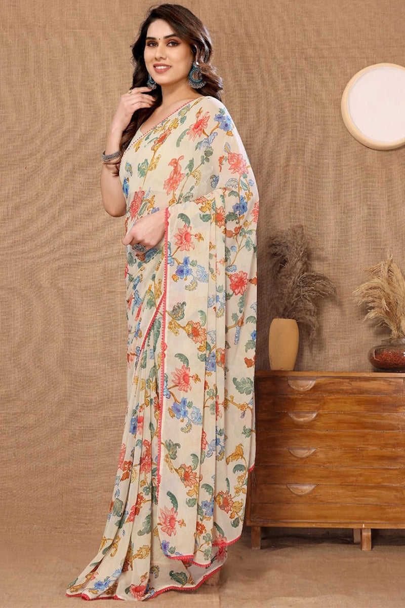 Elegant 1-Minute Ready To Wear Beige Georgette Saree