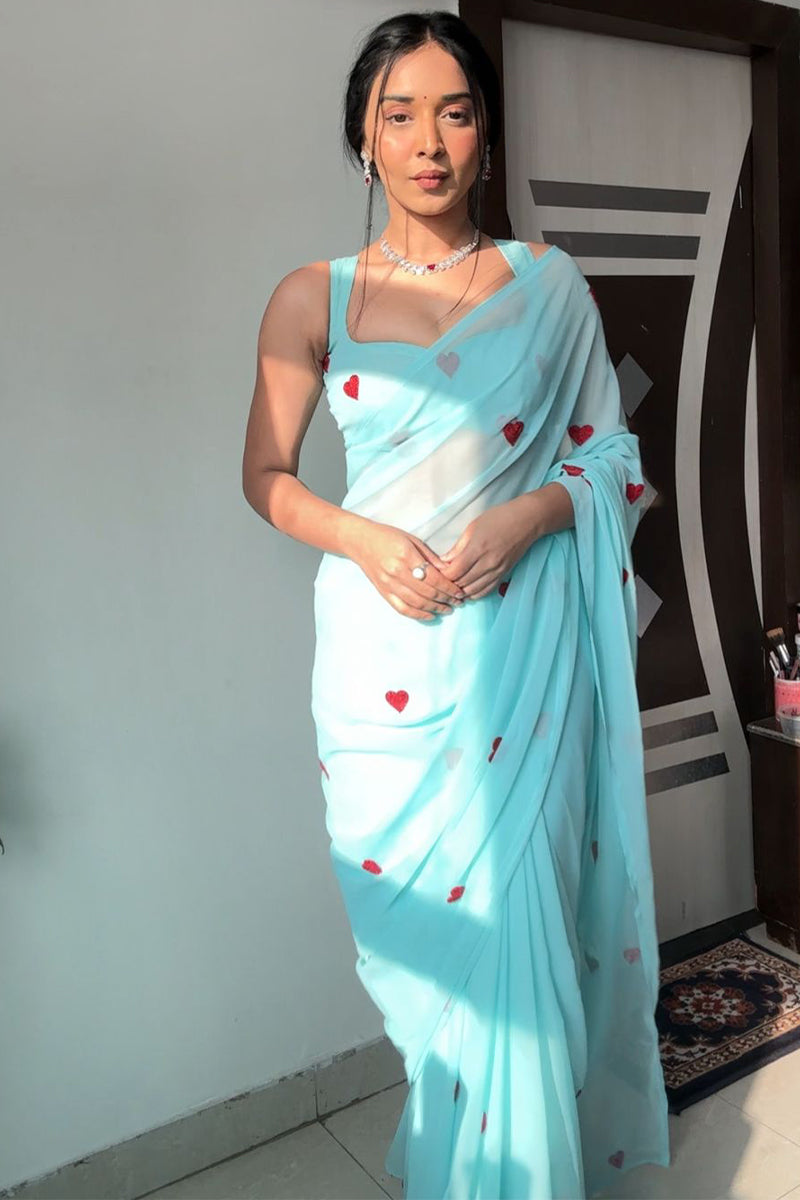 Marvellous 1-Minute Ready To Wear Sky Georgette Saree
