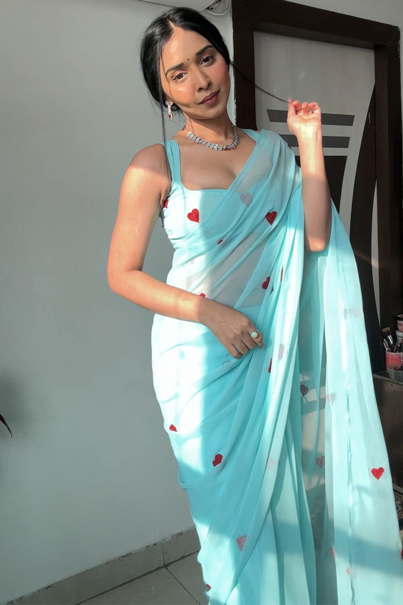 Marvellous 1-Minute Ready To Wear Sky Georgette Saree