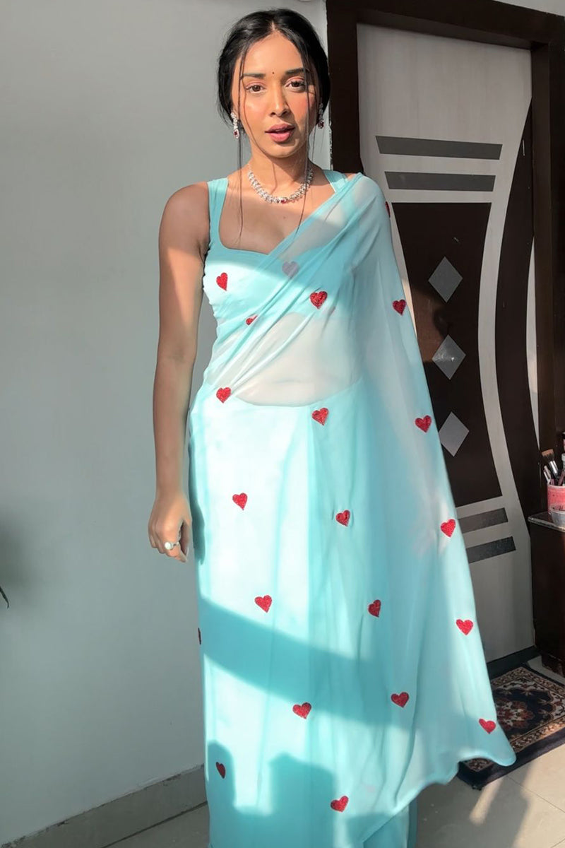 Marvellous 1-Minute Ready To Wear Sky Georgette Saree